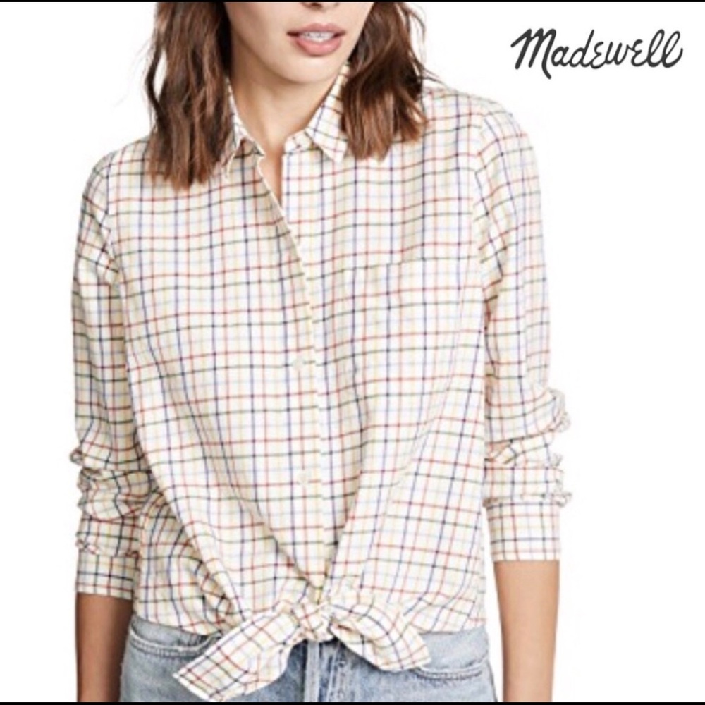 Madewell Ivory Button-Down Shirt with Multicolor Plaid